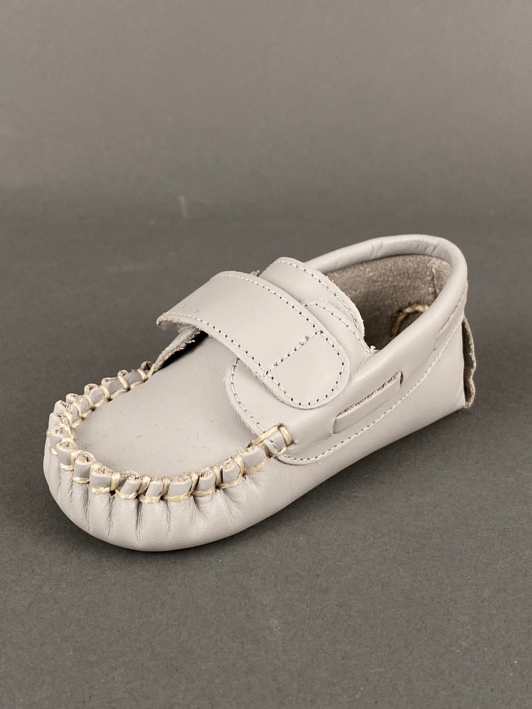 Grey Leather Moccasin Crib Shoe with Velcro Strap