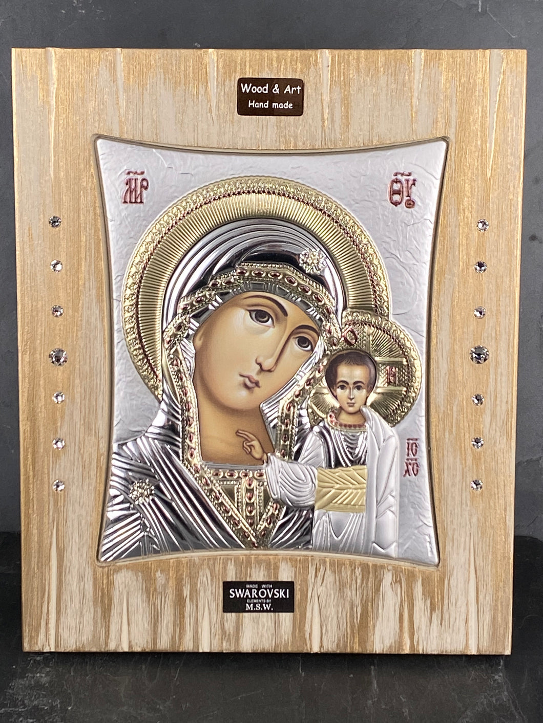 An original copy of Byzantine Holy Icon made with 925* Silver and Swarovski Crystals on Gold  White Wash Wood SI56