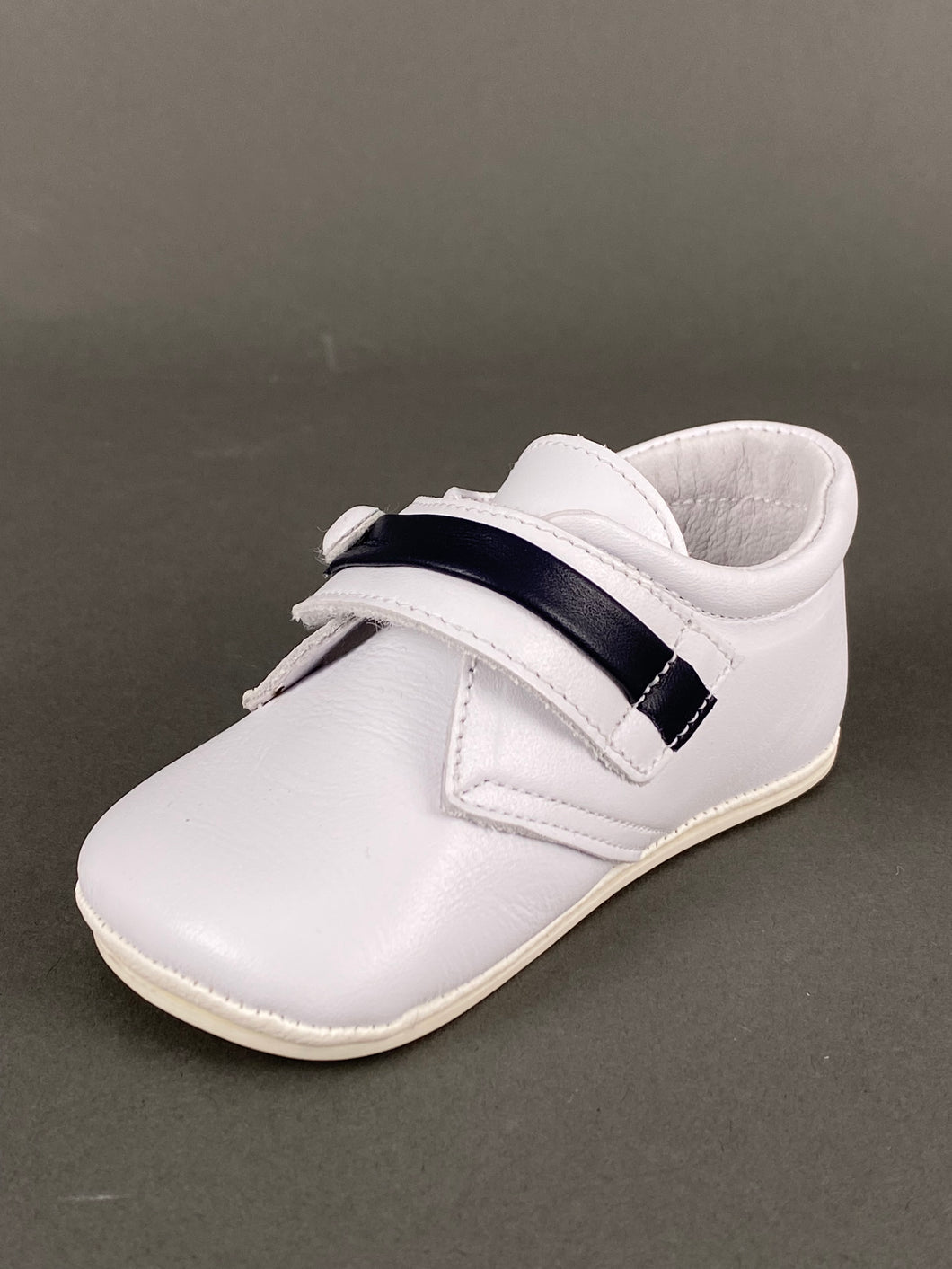White with Navy Blue Leather Walking Shoe with Velcro Strap