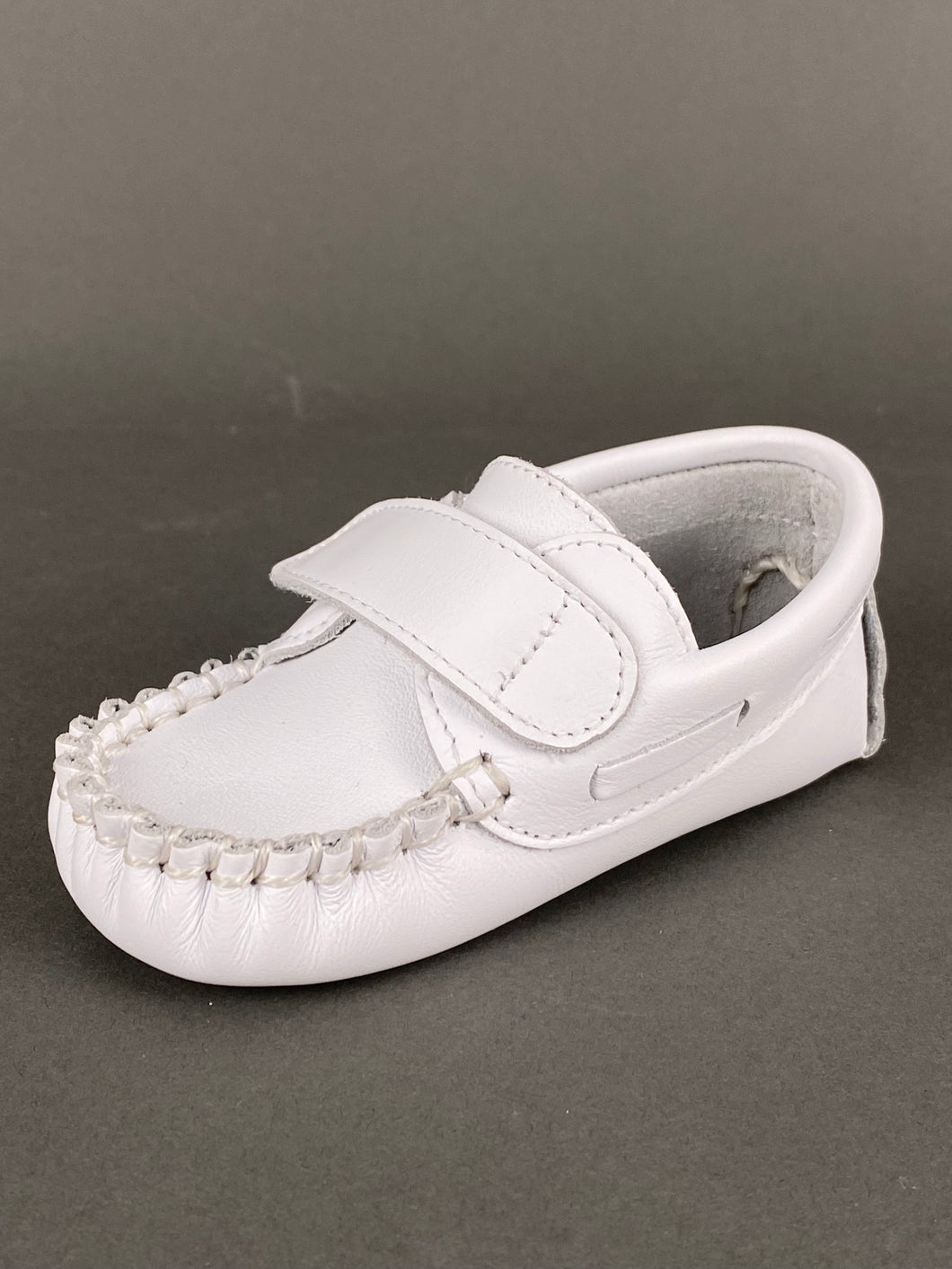 White Leather Moccasin Crib Shoe with Leather Strap