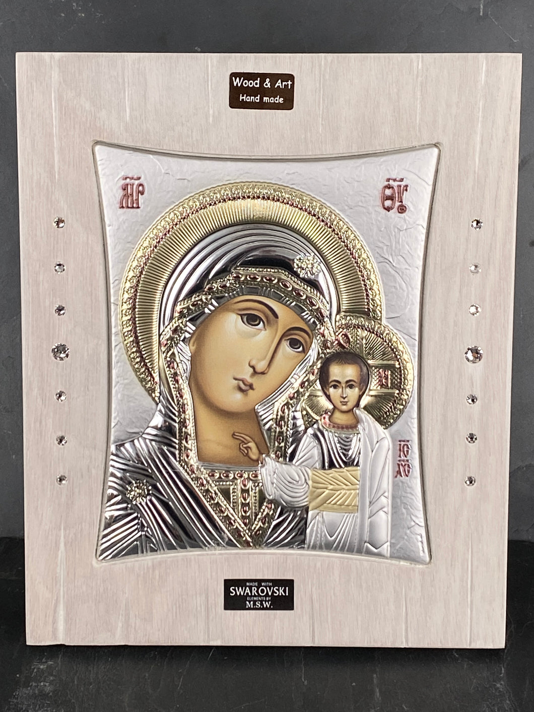 An original copy of Byzantine Holy Icon made with 925* Silver and Swarovski Crystals on White Wash Wood SI55