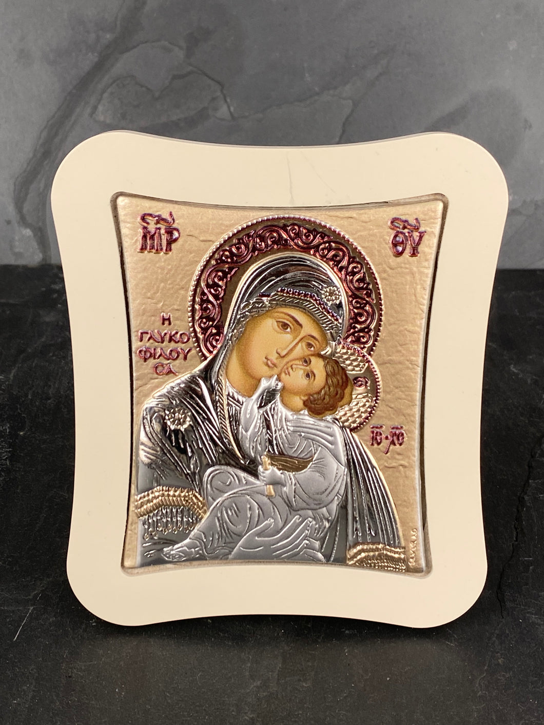 An original copy of Byzantine Holy Icon Glykofilousa Rose Gold  made with 925* Silver on White Wood SI49