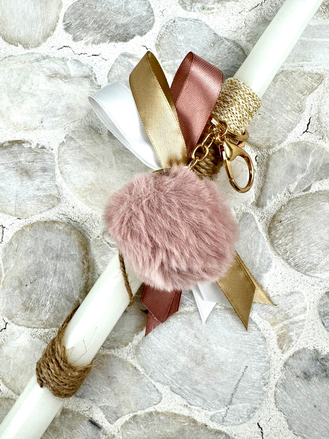 Corded Easter Candle with Dusty Rose Pompom Keychain and Konstantinato Charm  EC2024210