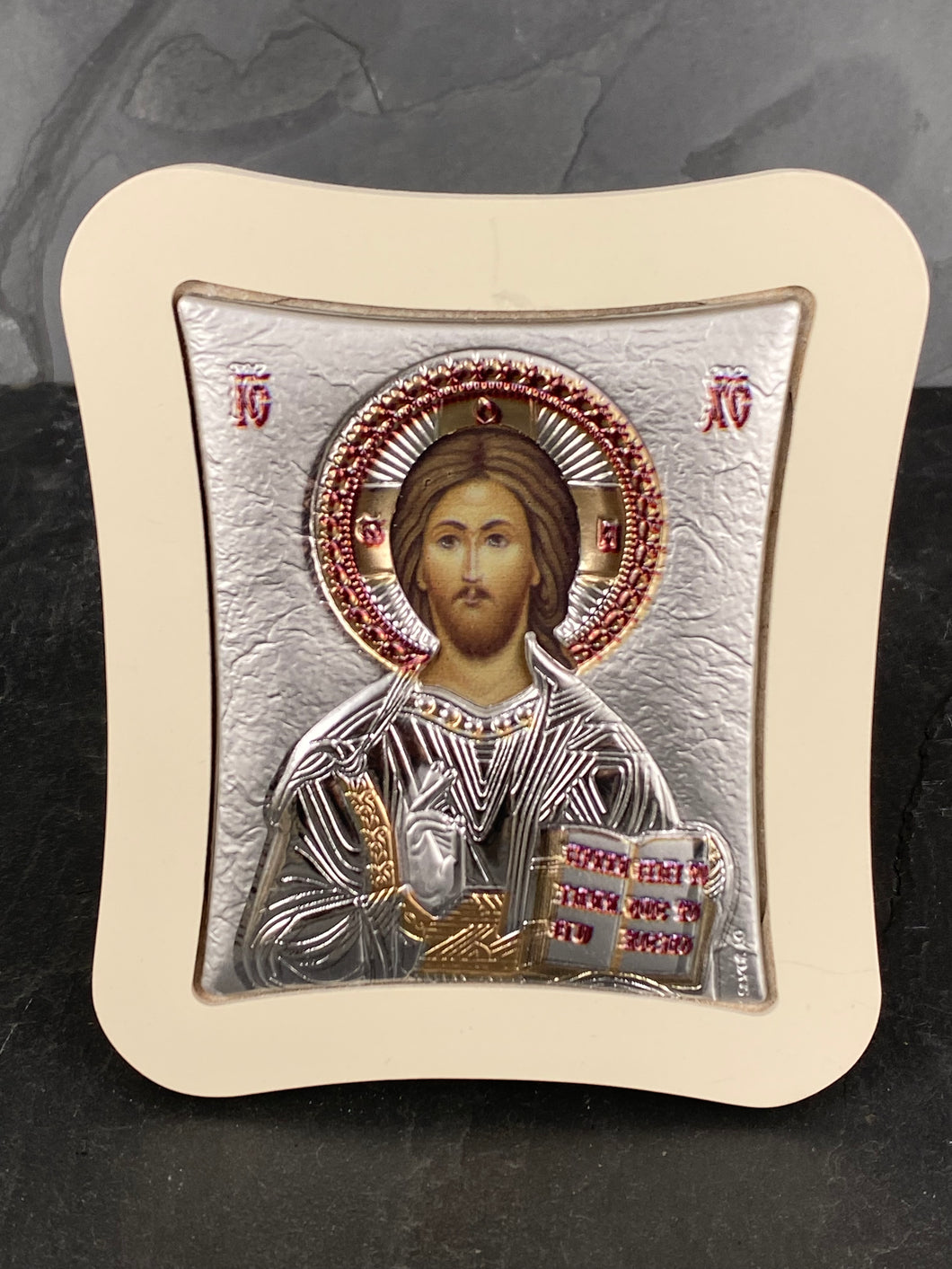 An original copy of Byzantine Holy Icon Jesus made with 925* Silver on White Wood SI51