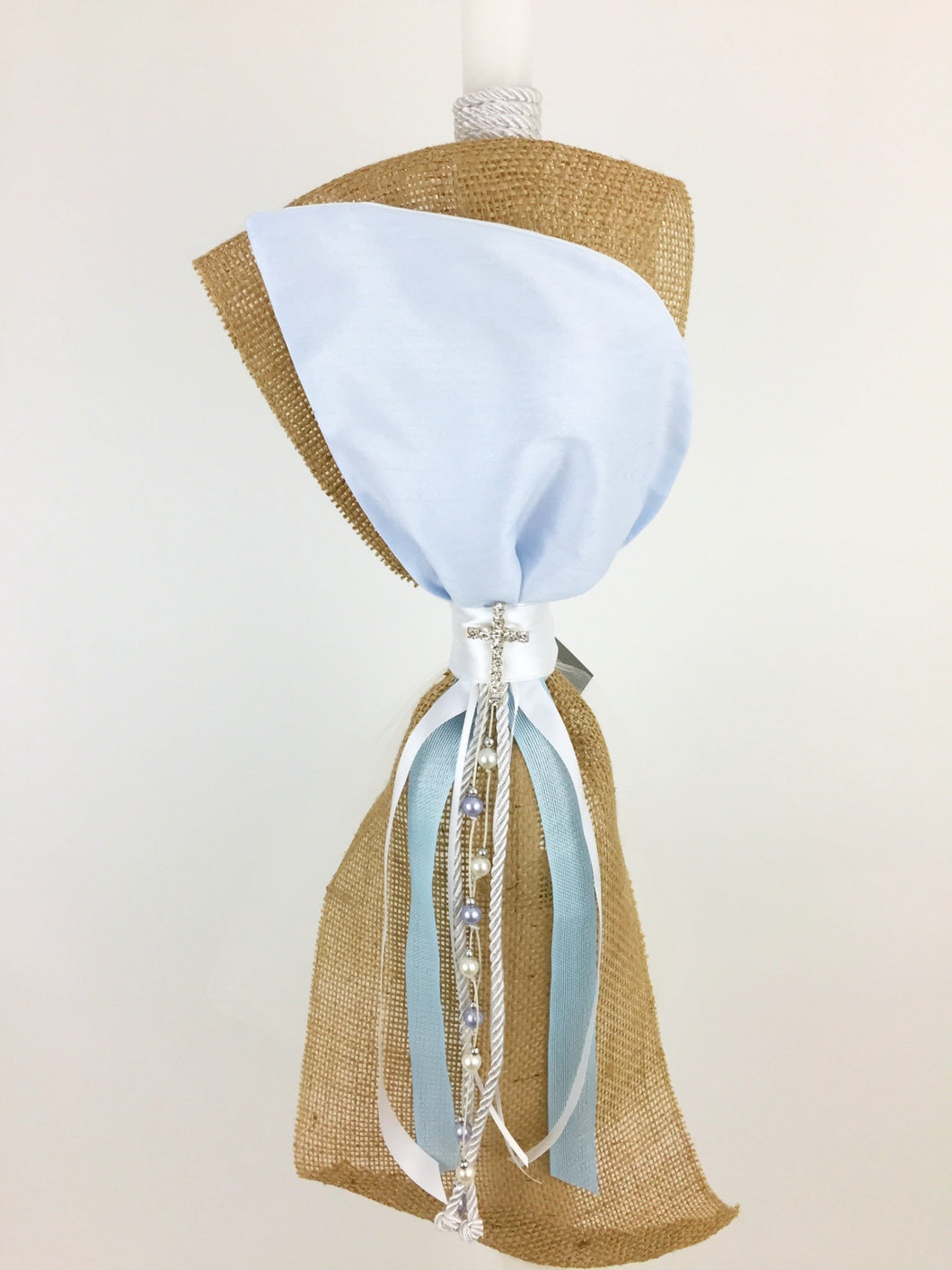 Burlaps and Light Blue with Cross Broach Baptismal 32” Candle C23130