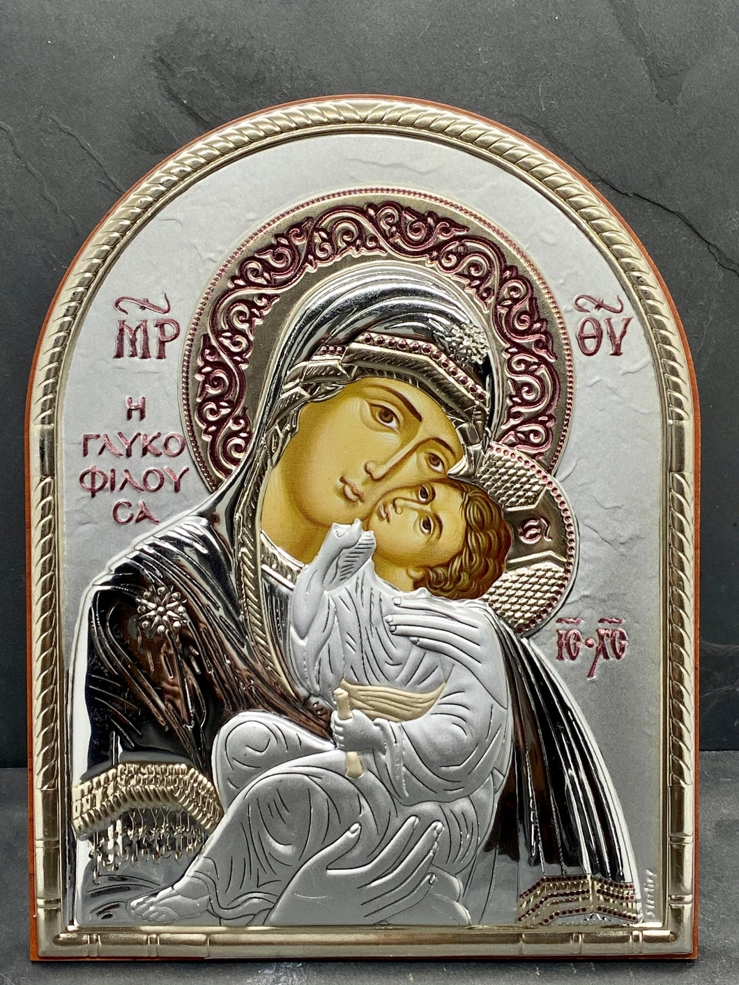 An original copy of Byzantine Holy Icon Glykofilousa made with 925* Silver on Cherry Wood SI7
