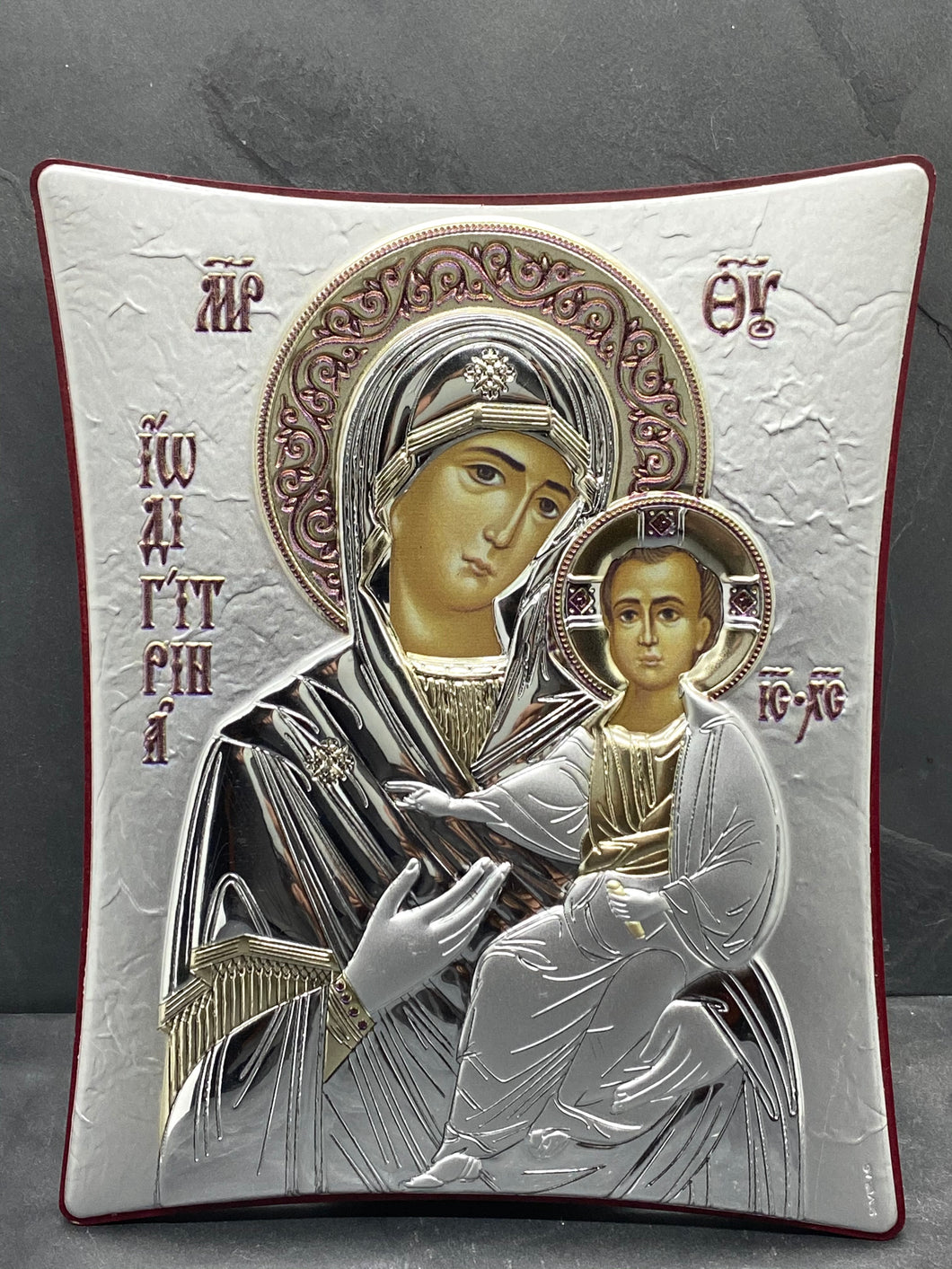 An original copy of Byzantine Holy Icon Iverskaya made with 925* Silver on Cherry Wood SI10