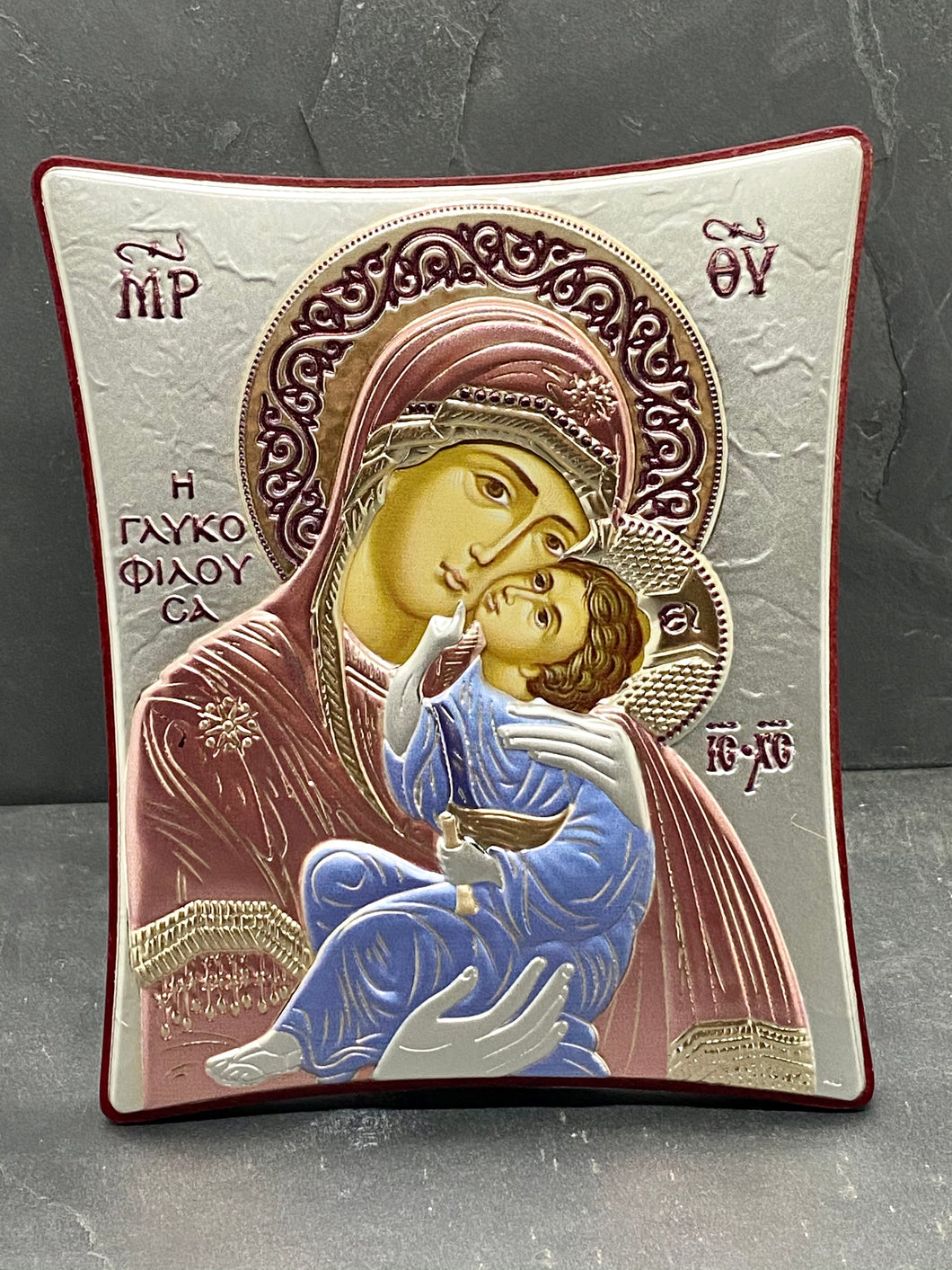 An original copy of Byzantine Holy Icon Glykofilousa made with 925* Silver on Cherry Wood SI6