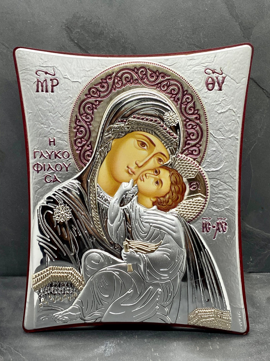 An original copy of Byzantine Holy Icon Glykofilousa made with 925* Silver on Cherry Wood SI4