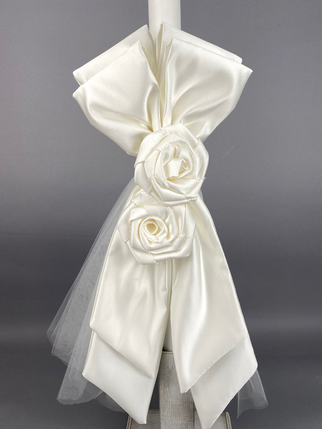 White Satin Double Bow 32” Baptismal Candle with Satin Flowers and Tulle  GC20221  made in Greece