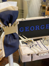 Load image into Gallery viewer, Baptism Package Gold and Navy Blue Accents, Triantos Gold Cross and Personalized Velvet Trunk Bench
