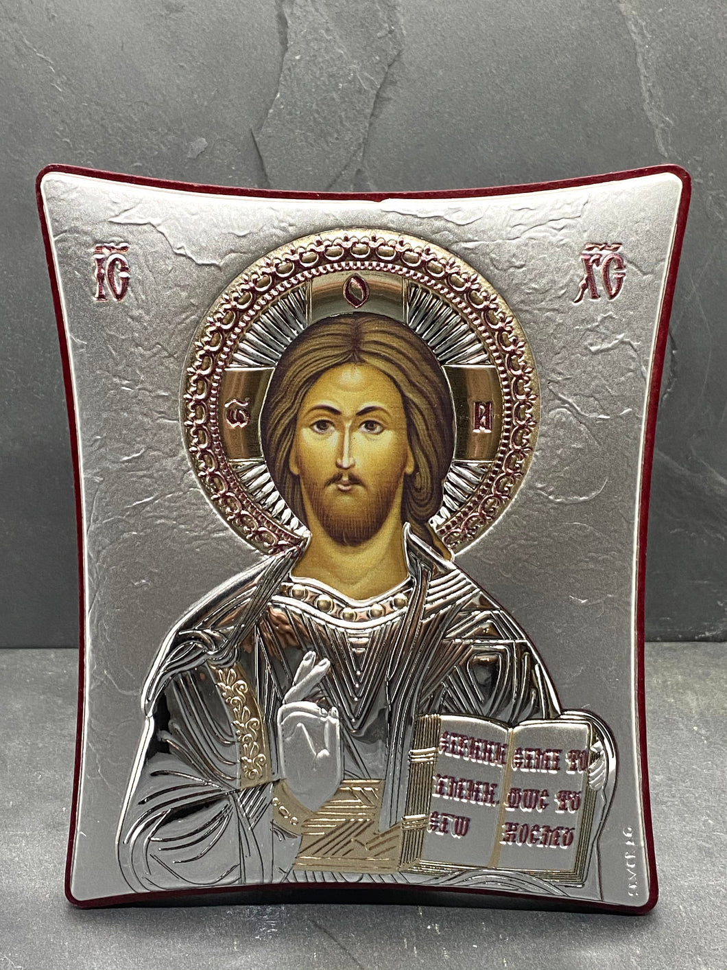 An original copy of Byzantine Holy Icon Jesus  made with 925* Silver on Cherry Wood SI30