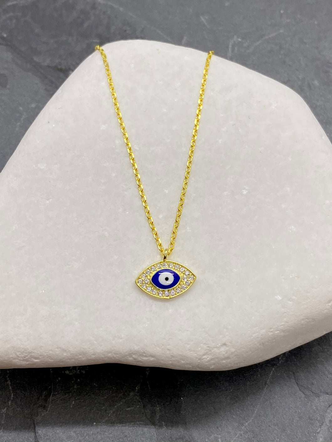 925” Sterling Gold Evil Eye Mati Necklace with Rhinestones GN1