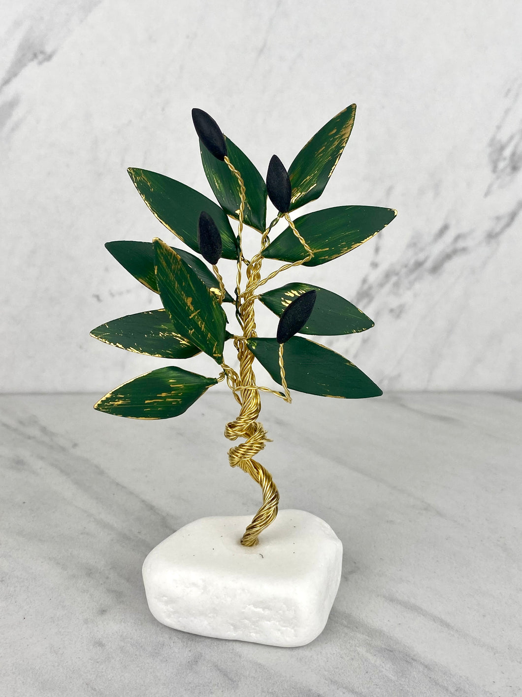 Hand Made Bronze Olive Tree with Green Leaves and Olives on Marble Base T04043
