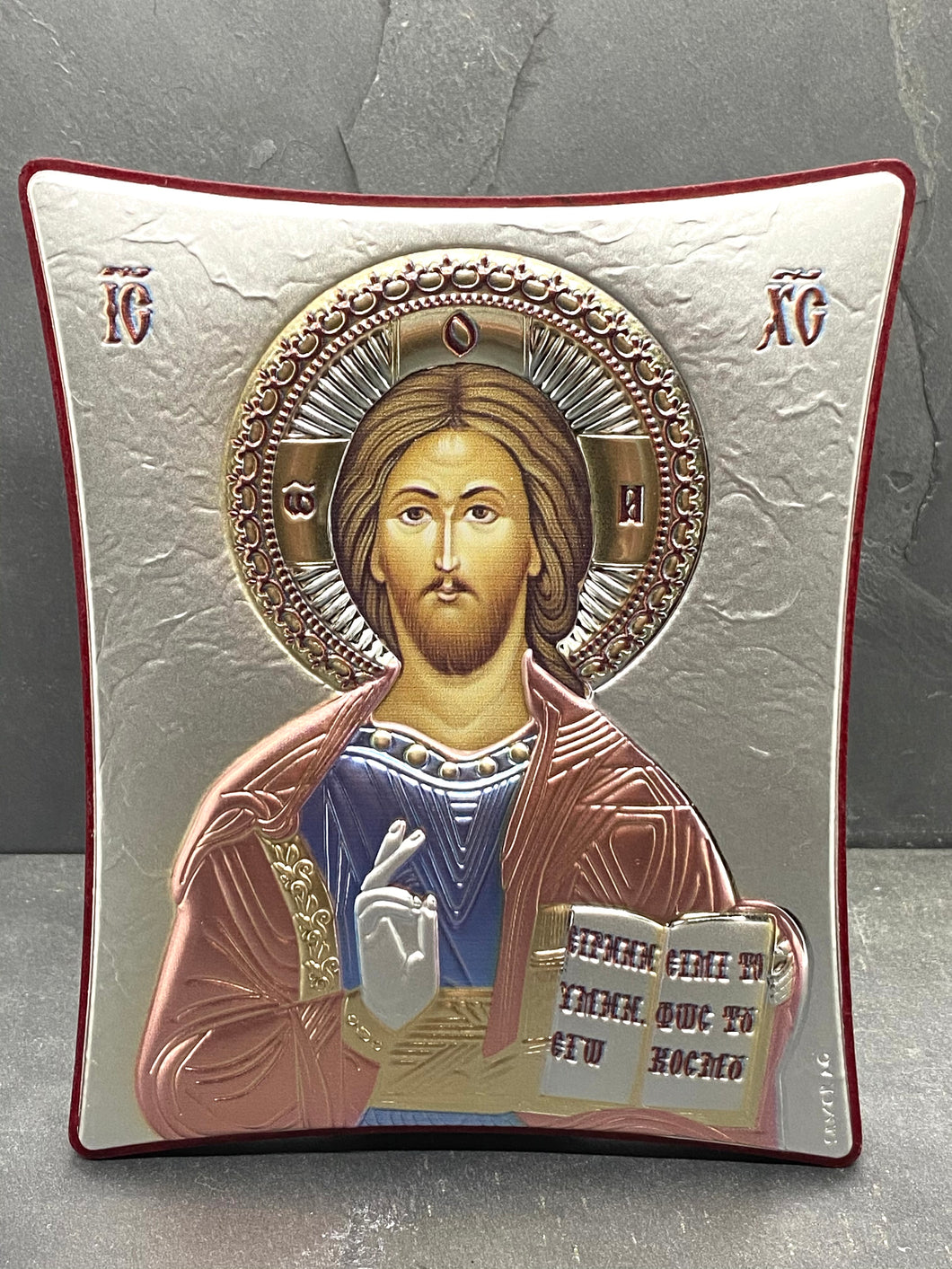 An original copy of Byzantine Holy Icon Jesus made with 925* Silver on Cherry Wood SI33