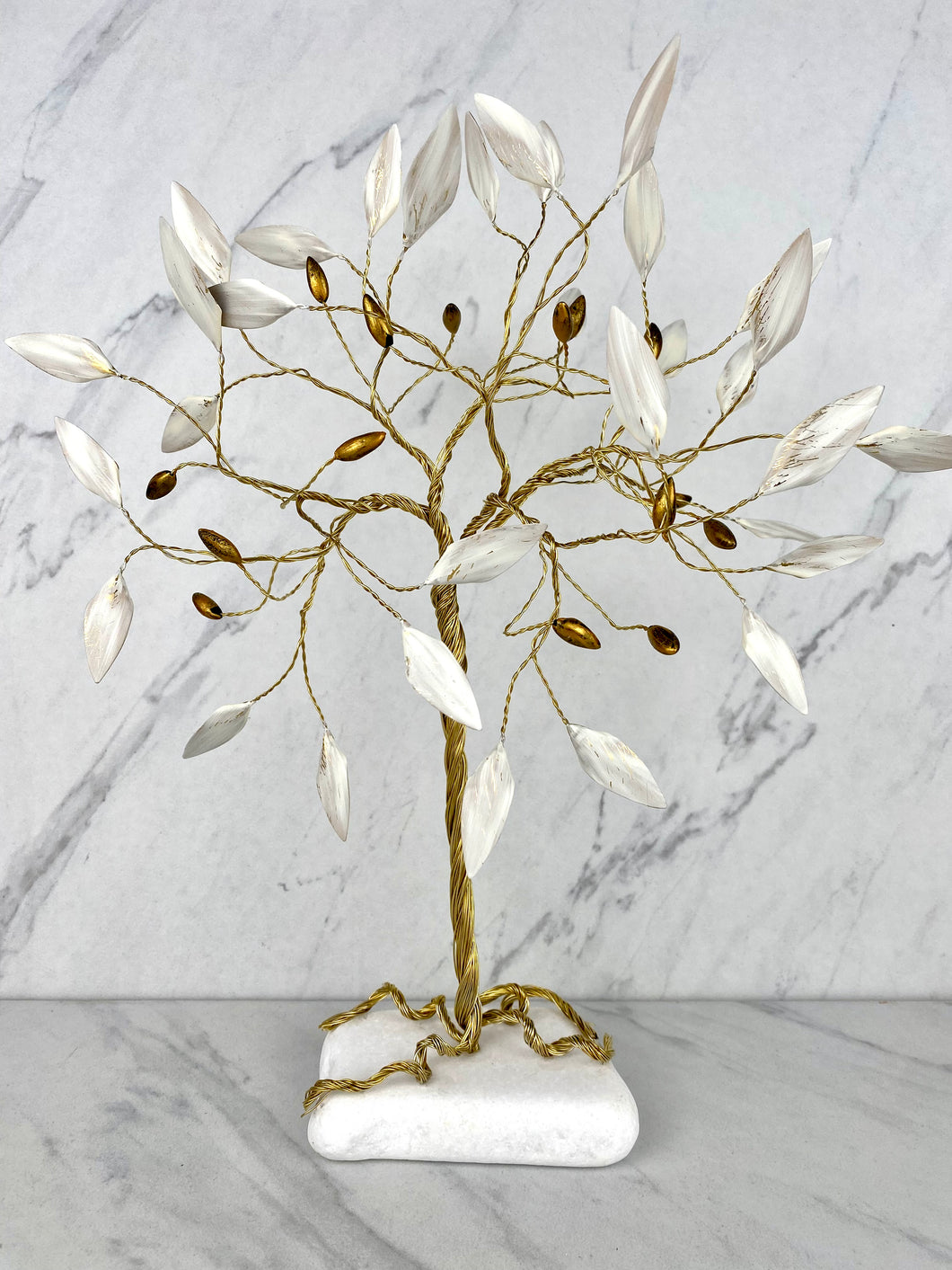 Hand Made Bronze Olive Tree with White Leaves and Olives on Marble Base T06035
