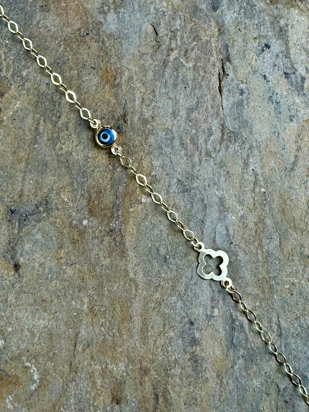 14K Yellow Gold Bracelet with Blue Mati and Cross GCB10