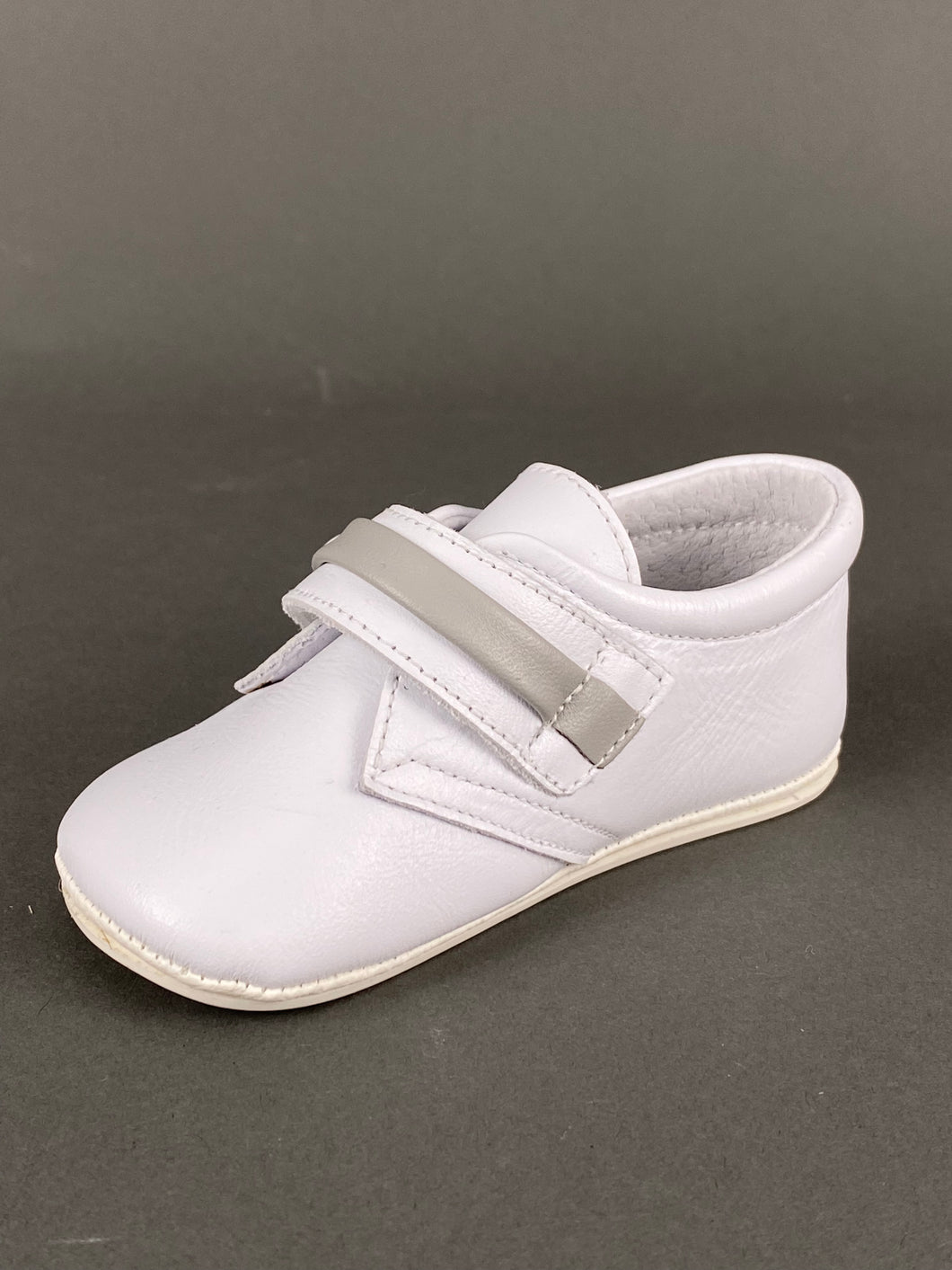 White with Grey Leather Walking Shoe with Velcro Strap