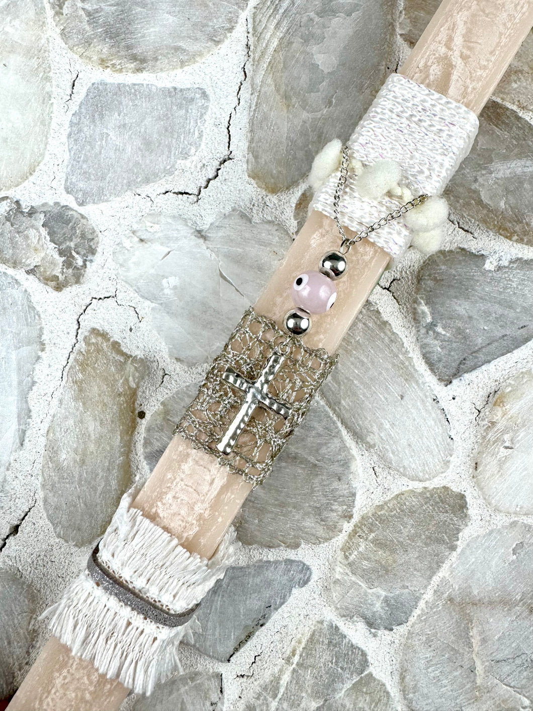 Corded Greek Easter Candle with Hanging Silver Cross EC202557
