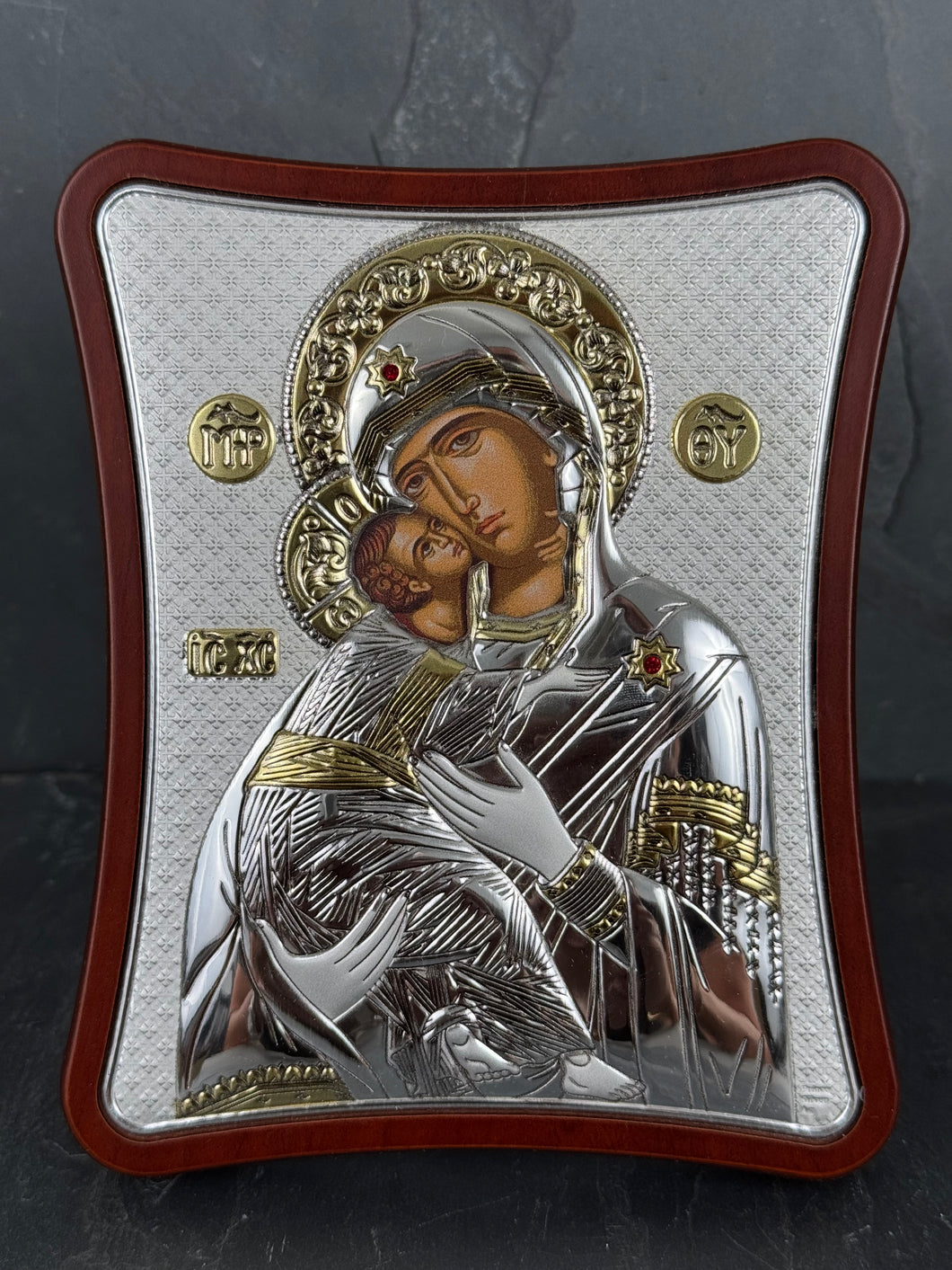 An original copy of Byzantine Panagia Vladimir with Swarovski Elements  made with 925* Silver on Dark Wood S279