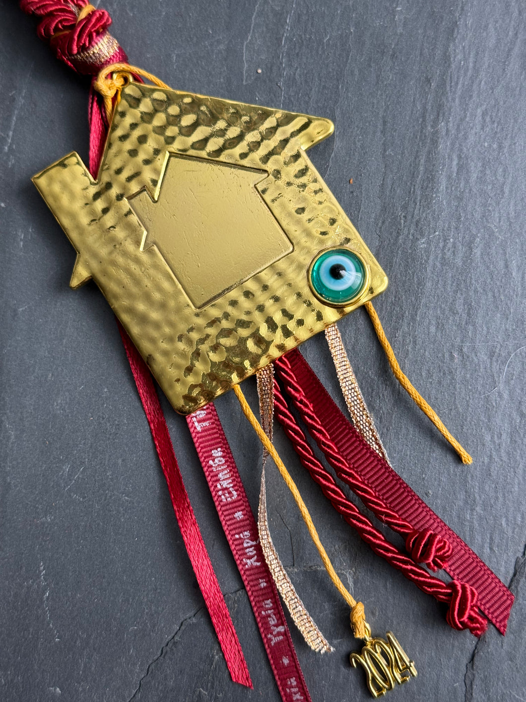 Metal House Mati Ornament with Greek Ribbons and Charm GW424