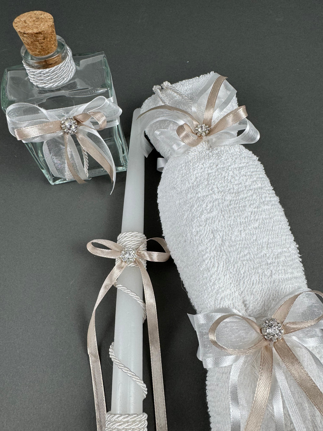 Pewter with Rhinestone Oil Bottle Set of 3 Candles, Hand Towel with Soap and Oil Bottle OB20010
