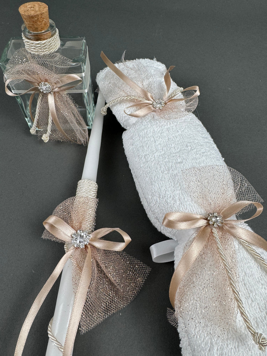 Oil Bottle Set of 3 Candles, Hand Towel with Soap and Oil Bottle OB2085