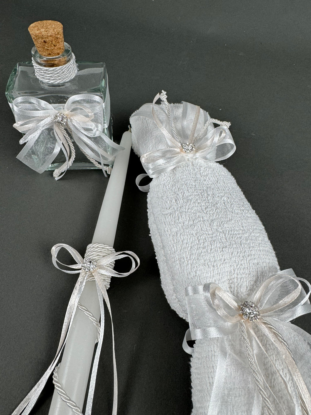 White with Soft Pink and Rhinestone Oil Bottle Set of 3 Candles, Hand Towel with Soap and Oil Bottle OB2060