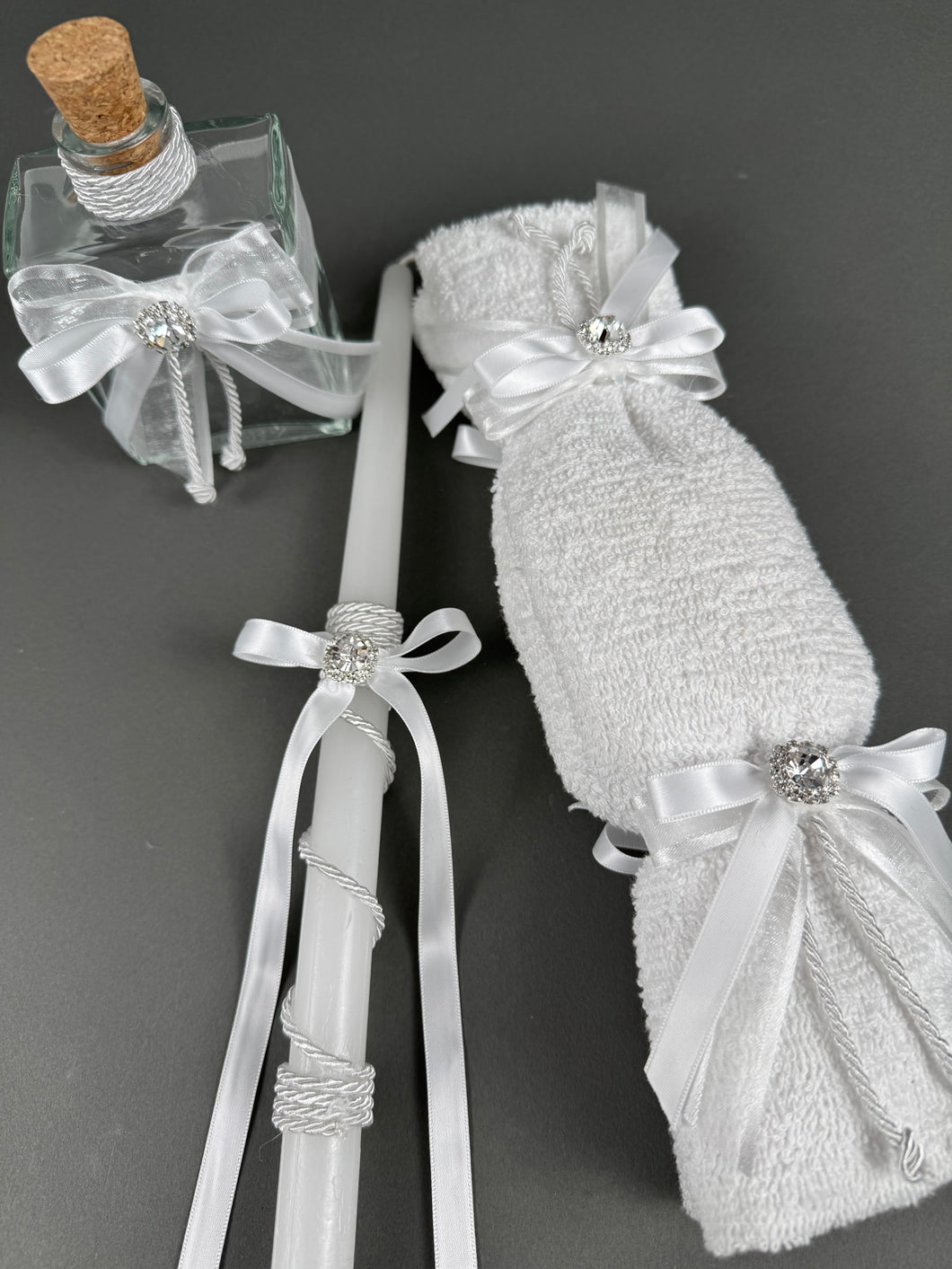 White with Rhinestone Oil Bottle Set of 3 Candles, Hand Towel with Soap and Oil Bottle OB2050