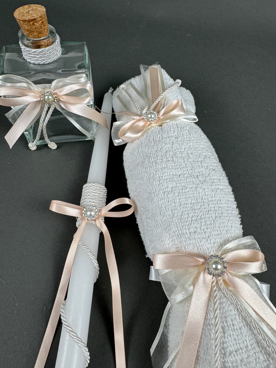 Peach with Rhinestone Pearl Oil Bottle Set of 3 Candles, Hand Towel with Soap and Oil Bottle OB20030