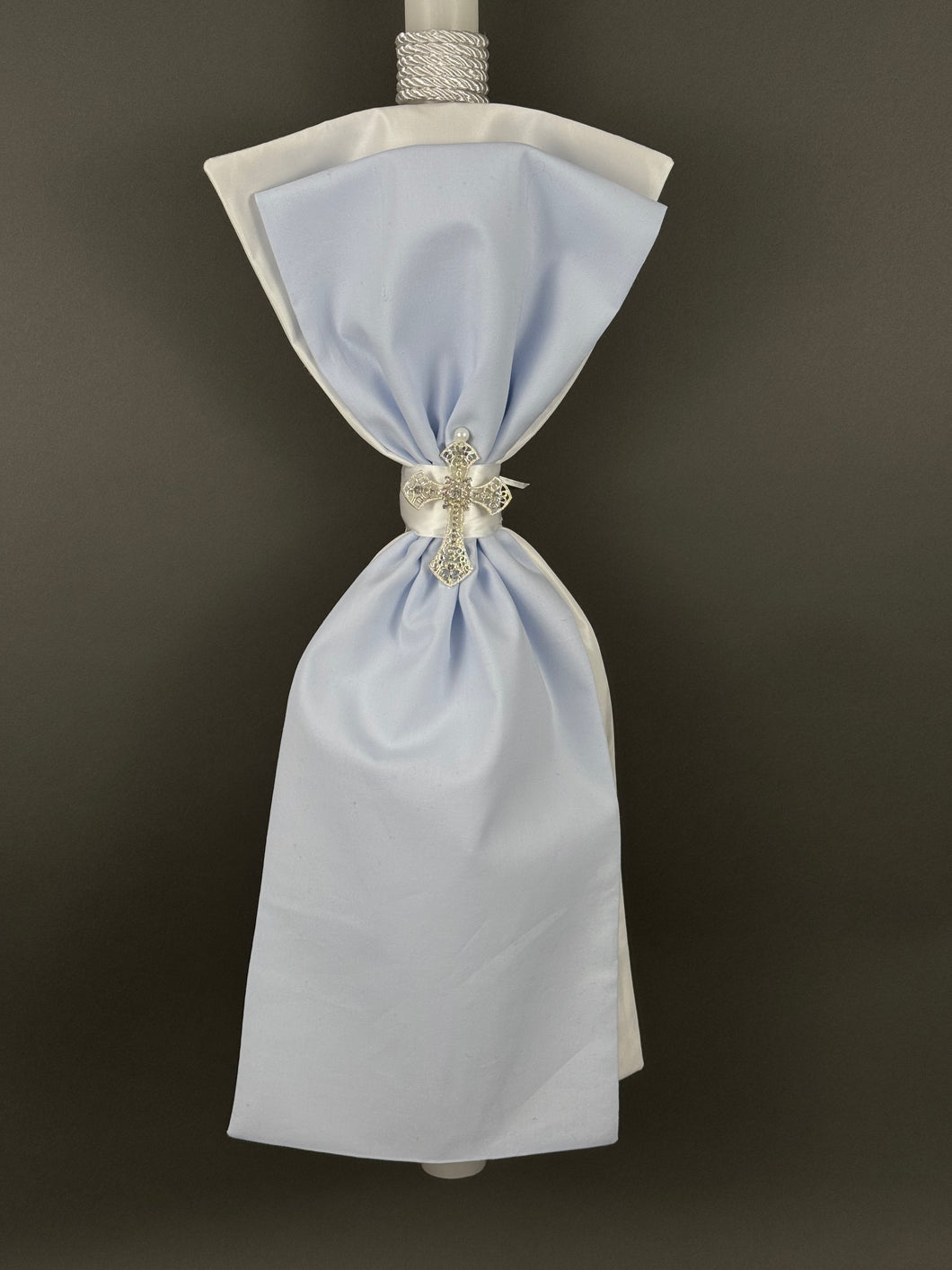 White with Light Blue Fabrics and Rhinestone Cross Baptism Candle Bl202515
