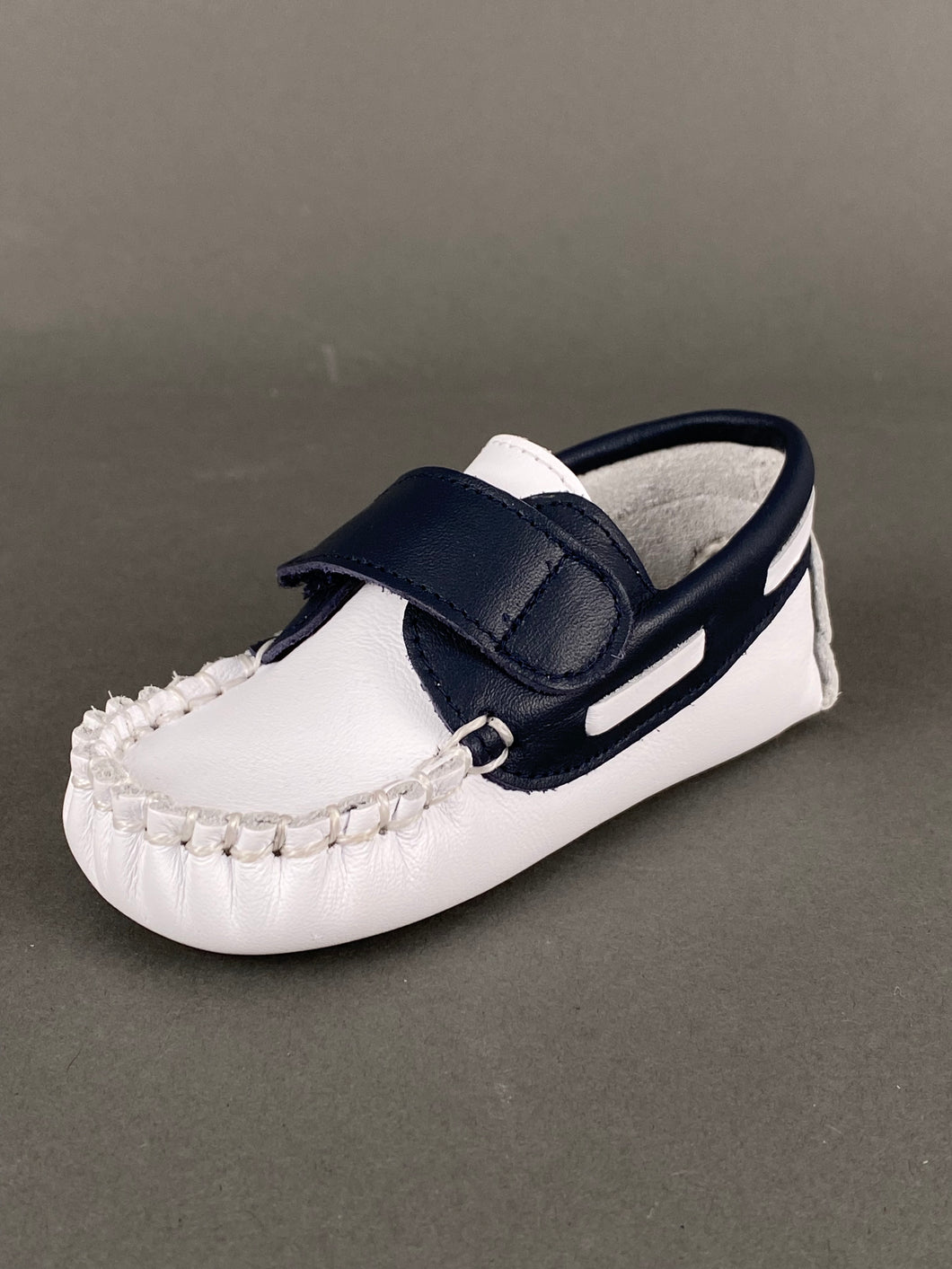 White and Navy Blue Leather Moccasin Crib Shoe with Velcro Strap