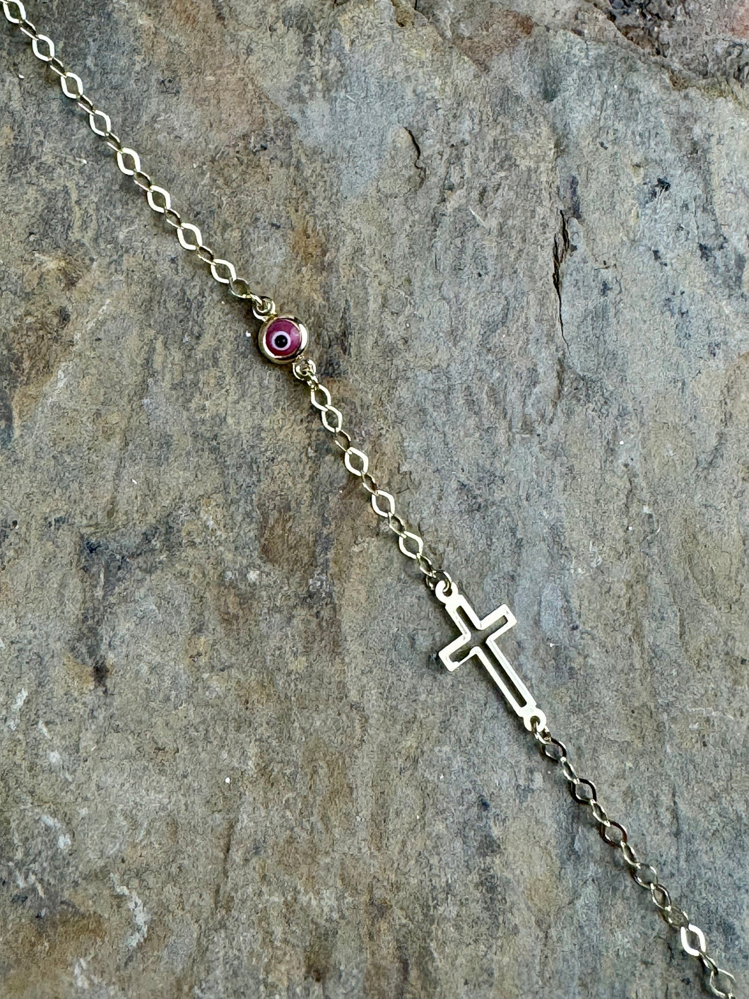 14K Yellow Gold Bracelet with Pink Mati and Cross GCB11