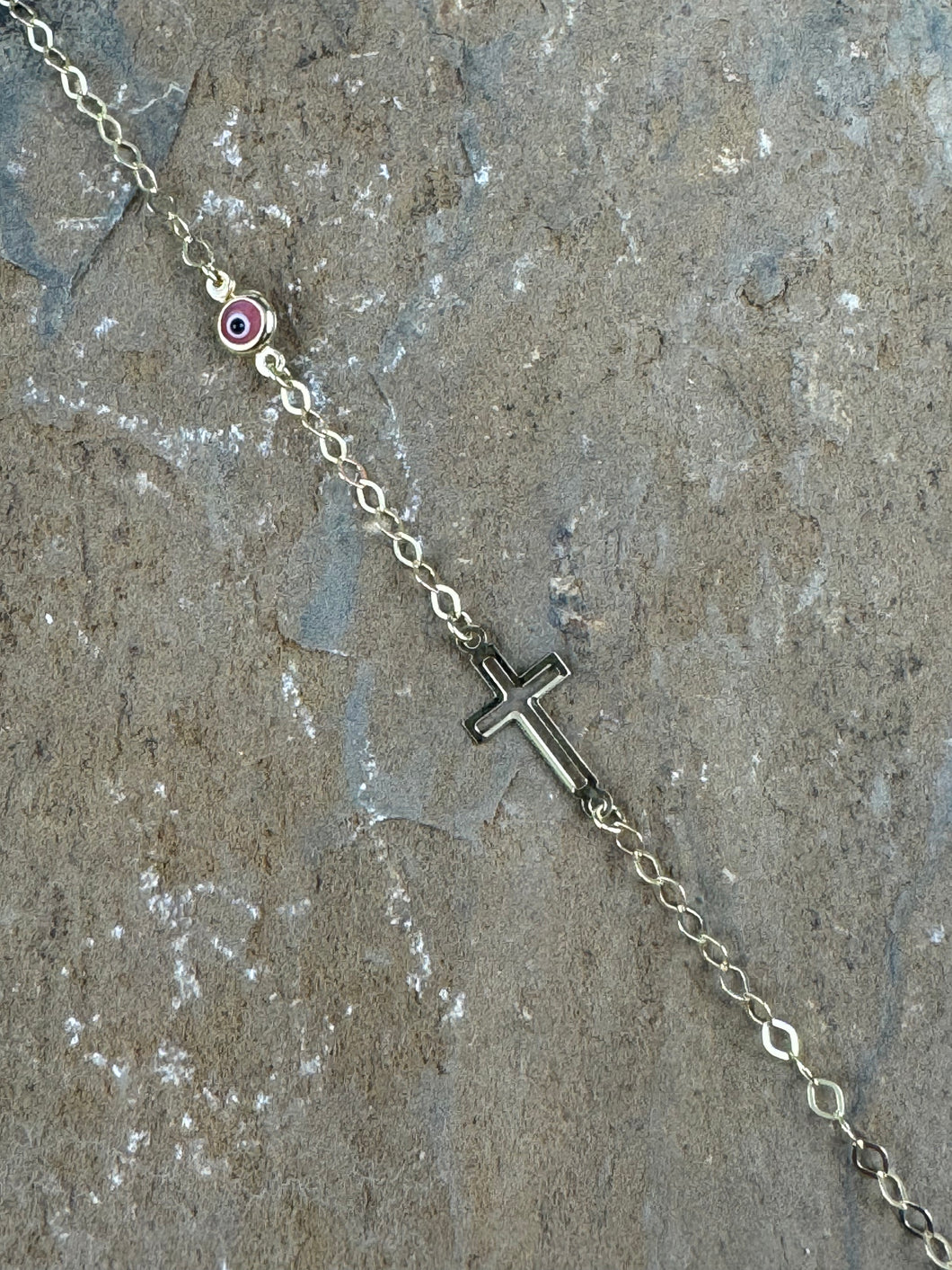 14K Yellow Gold Bracelet with Pink Mati and Cross GCB4