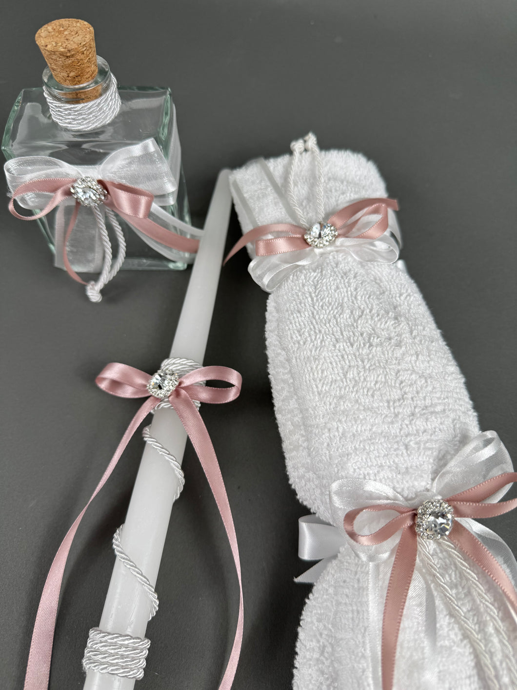 Dusty Rose with Rhinestone Oil Bottle Set of 3 Candles, Hand Towel with Soap and Oil Bottle OB2090