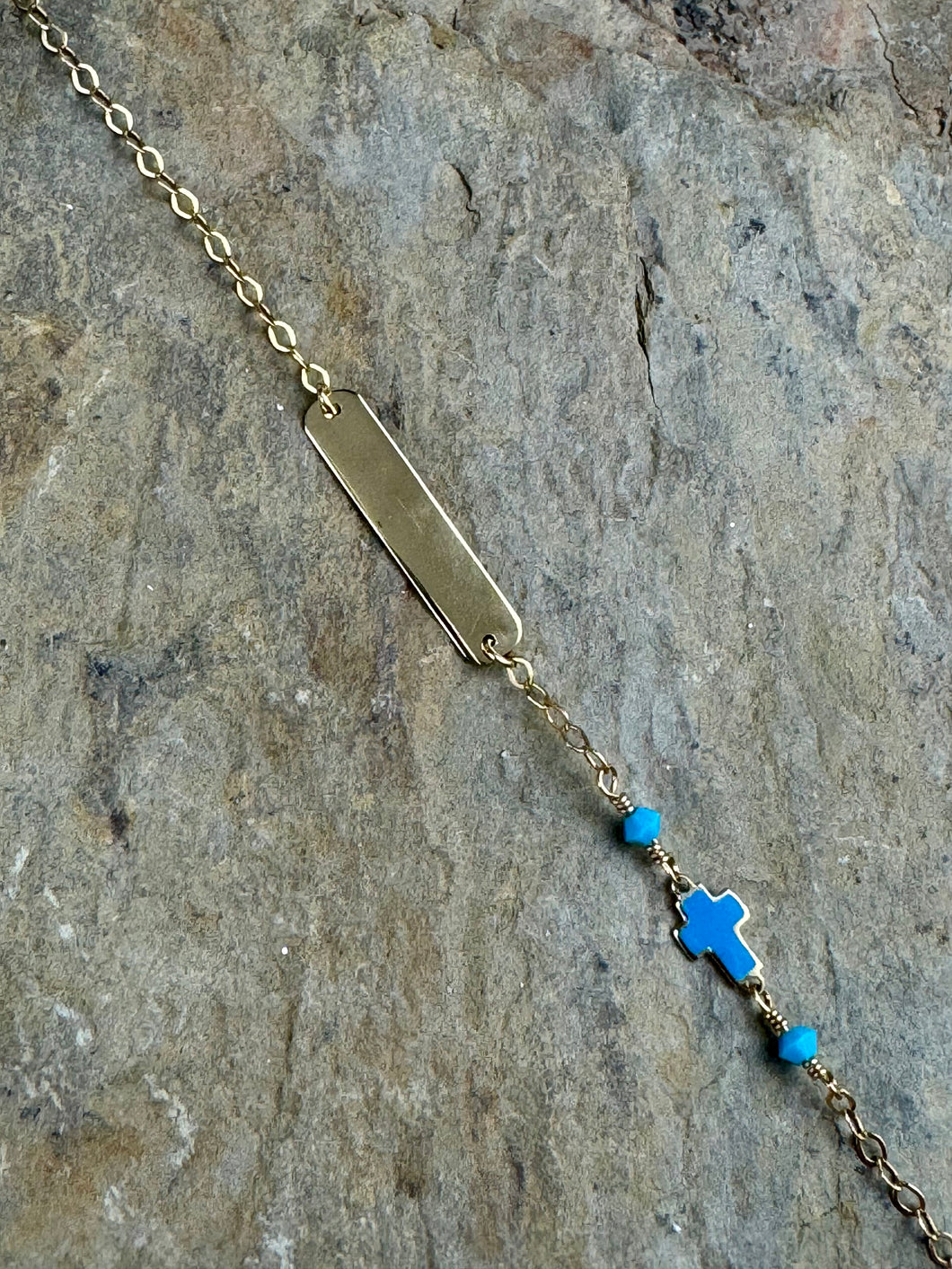 14K Yellow Gold I.D Bracelet with Turquoise Beads and Cross GCB9