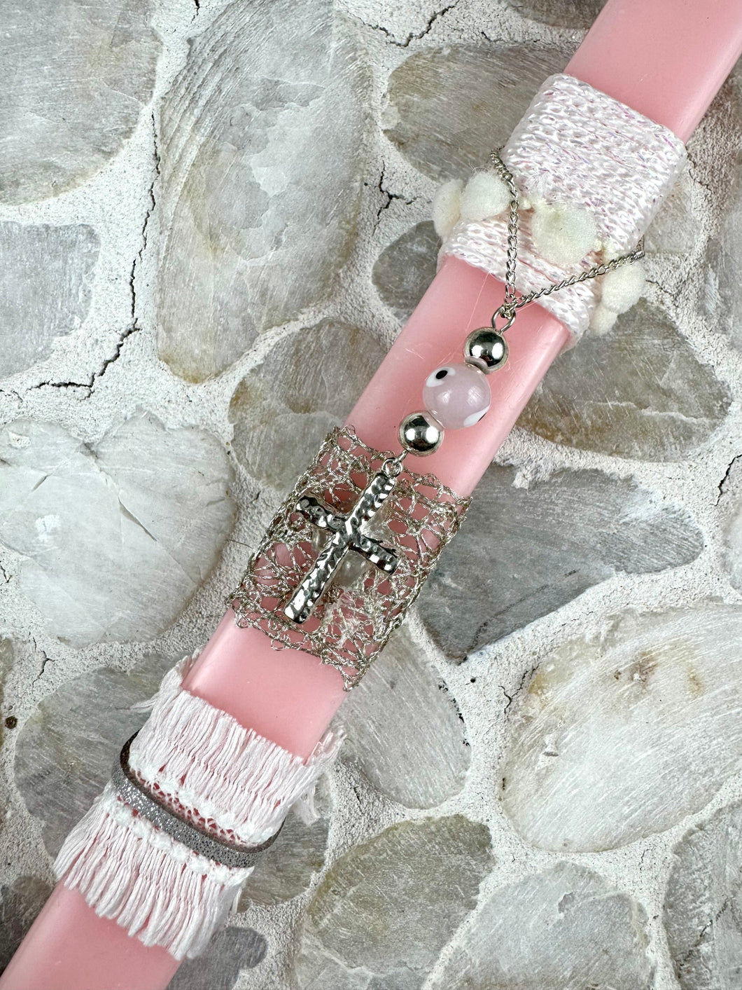 Corded Greek Easter Candle with Hanging Silver Cross EC202558