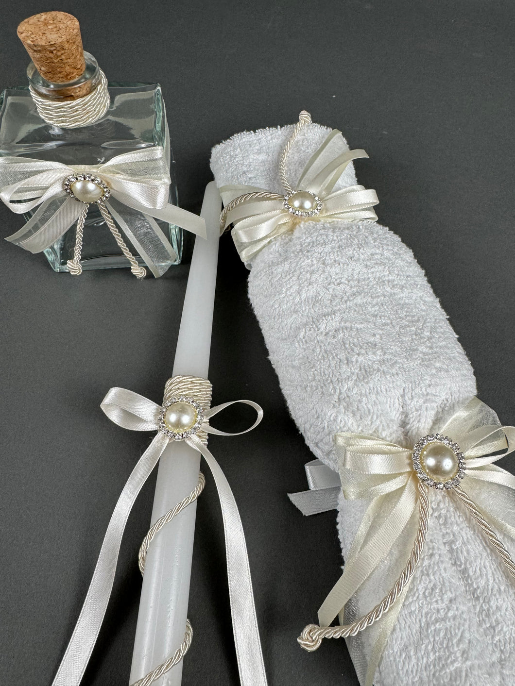 Ivory with Pearl Rhinestone Oil Bottle Set of 3 Candles, Hand Towel with Soap and Oil Bottle OB2070