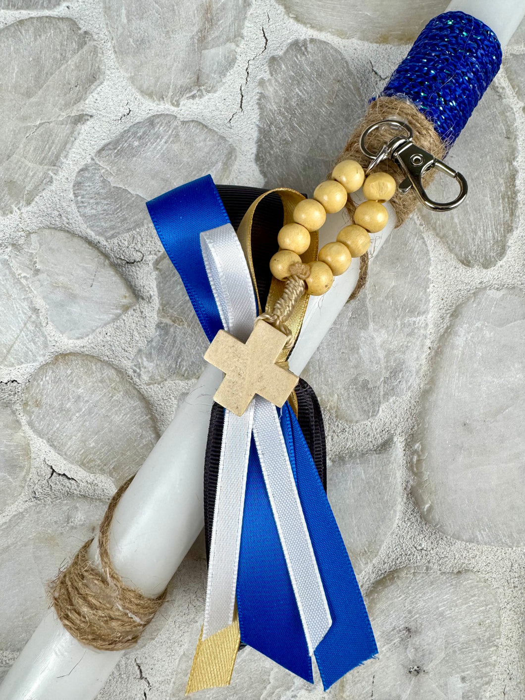 Corded Easter Candle with Wooden Beaded Cross Keychain EC202522
