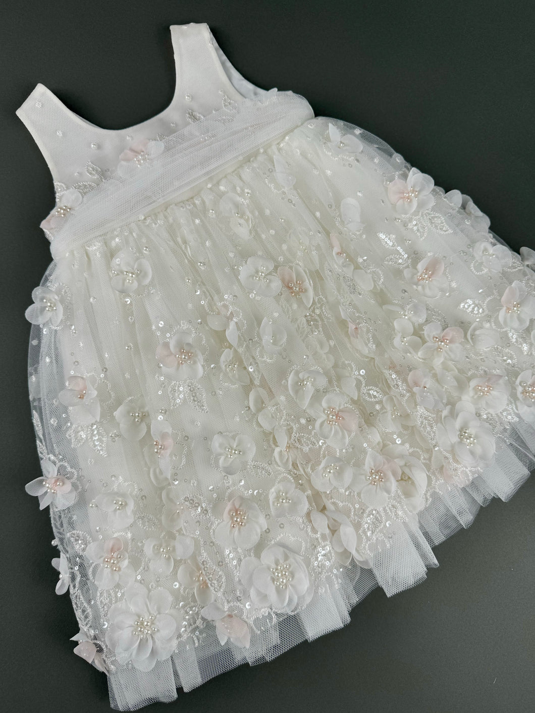 Dress 110 Girls Baptismal Christening Sleeveless  Dress with Accented with Flowers, matching Bolero and Hat. Made in Greece exclusively for Rosies Collections. 2025110