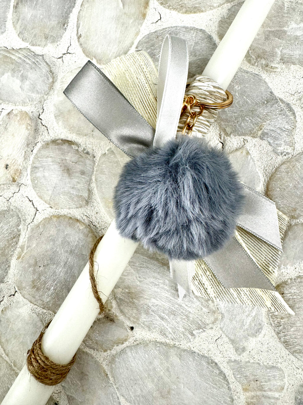 Corded Easter Candle with Grey Pompom Keychain and Konstantinato Charm  EC2024212