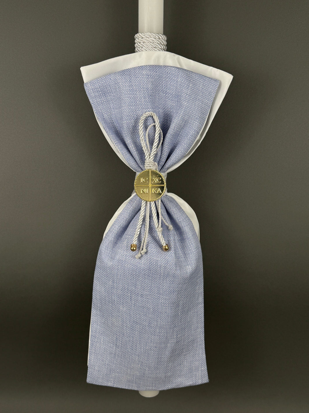 White with Light Blue Fabrics and Konstantinato Gouri Baptism Candle BL202512