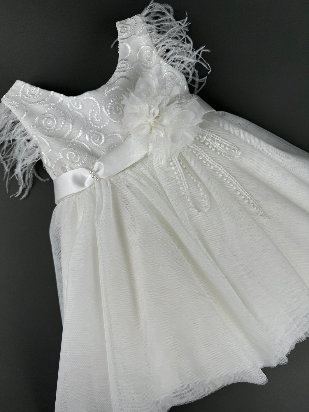 Dress 106 Girls Baptismal Christening Sleeveless  Dress with French lace, Feather, accented with Flower, matching Bolero and Hat. Made in Greece exclusively for Rosies Collections. 2025106
