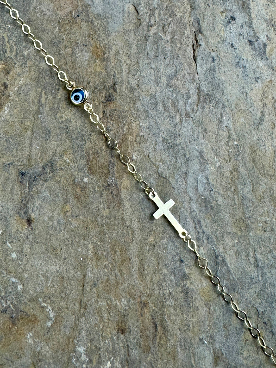 14K Yellow Gold Bracelet with Blue Mati and Cross GCB8