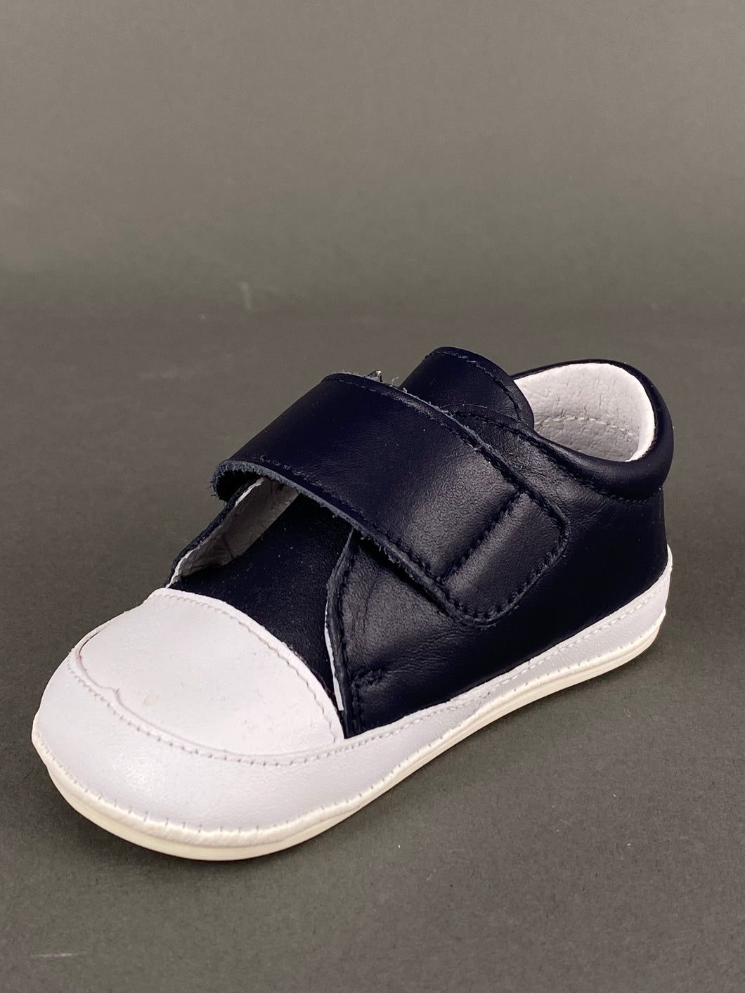 White and Navy Blue Leather Walking Shoe with Velcro Strap