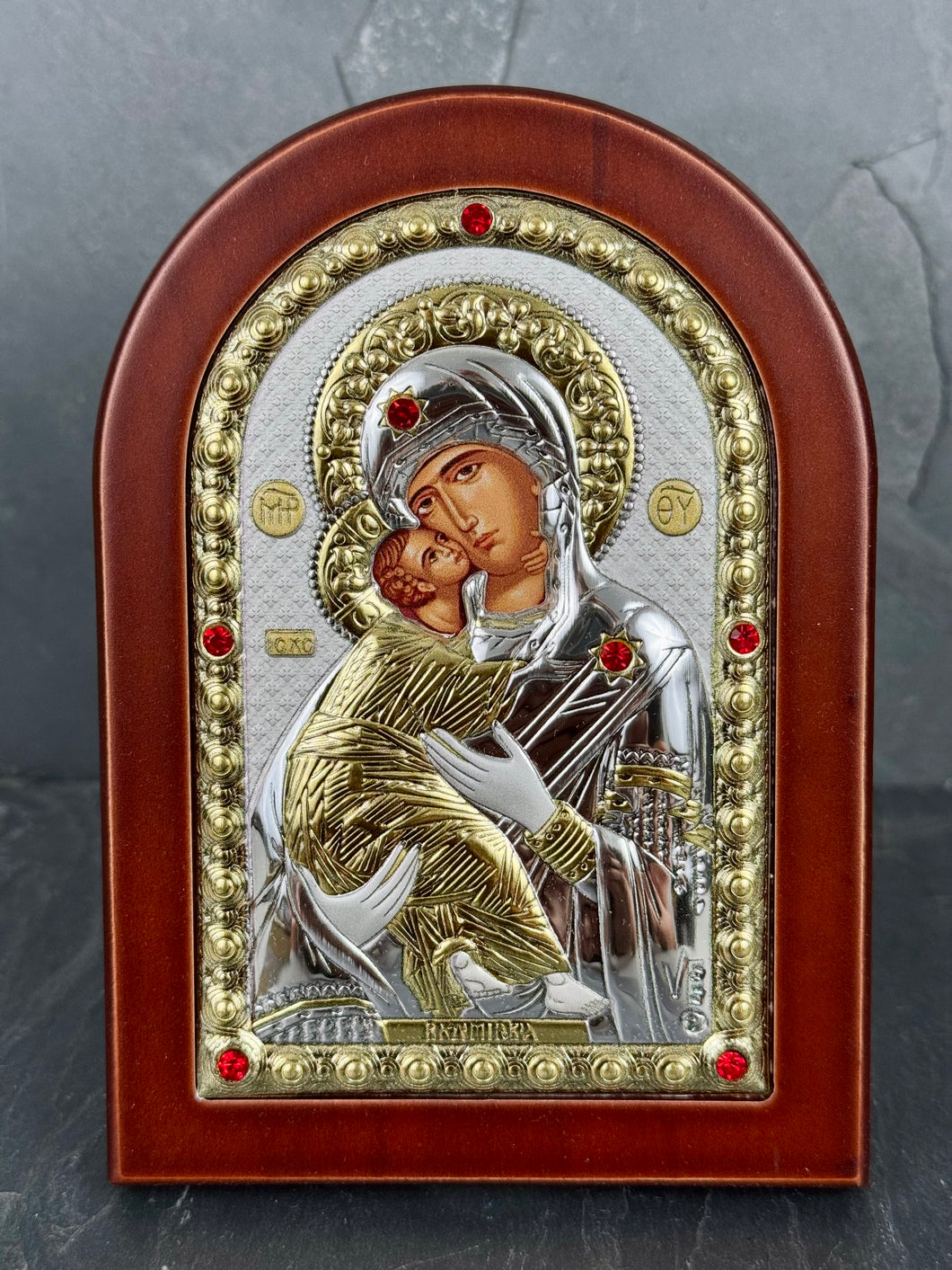 An original copy of Byzantine Panagia Vladimir with Swarovski Elements  made with 925* Silver on Dark Wood S275