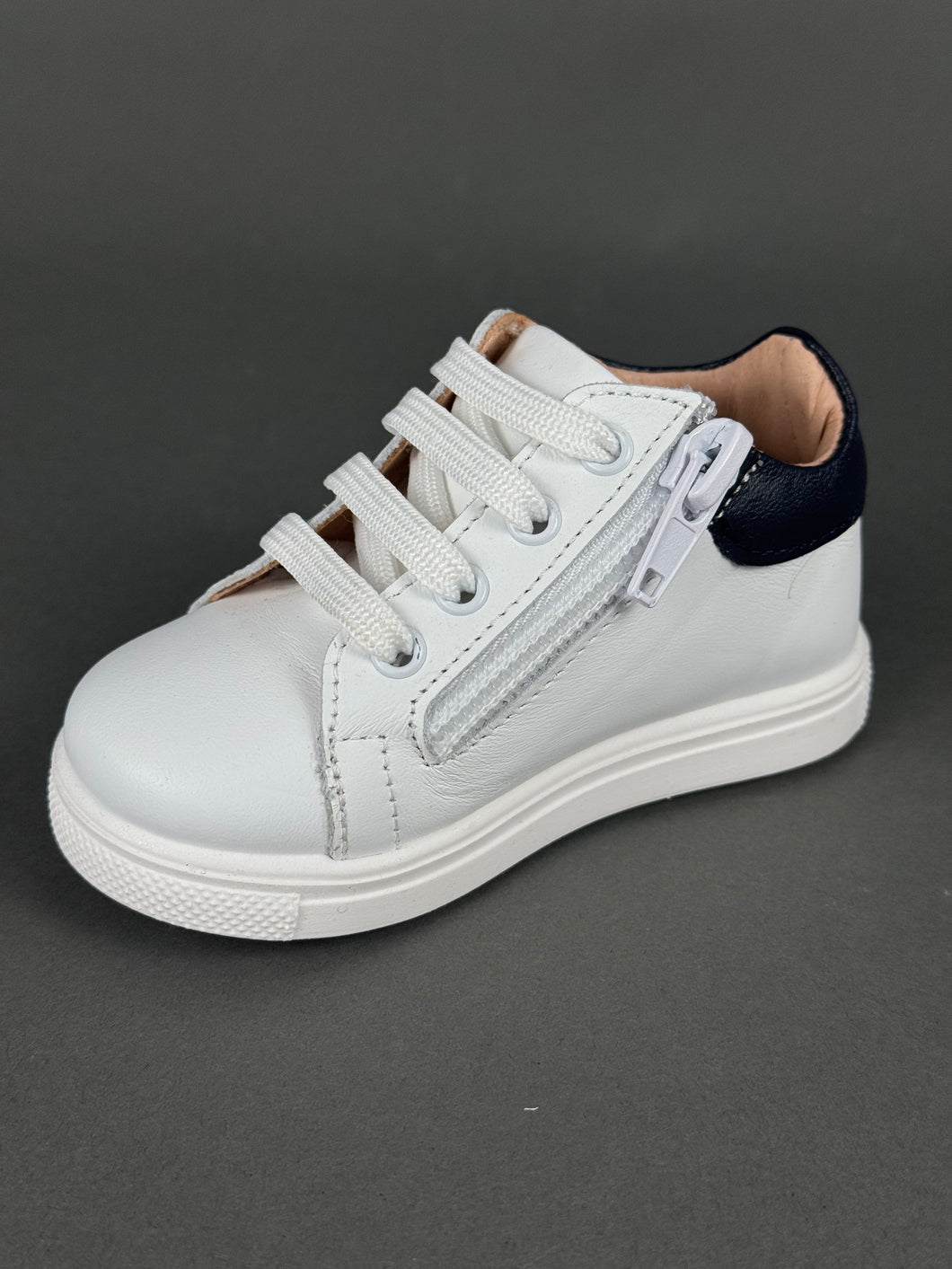Gorgino White Leather with Navy Walking Shoe , Shoelaces and Zipper Made in Greece GH202598