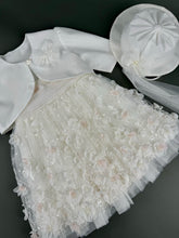 Load image into Gallery viewer, Dress 110 Girls Baptismal Christening Sleeveless  Dress with Accented with Flowers, matching Bolero and Hat. Made in Greece exclusively for Rosies Collections. 2025110
