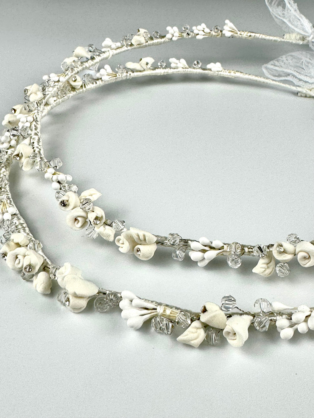 White Rosettes with Swarovski Crystals Wedding Crowns B16