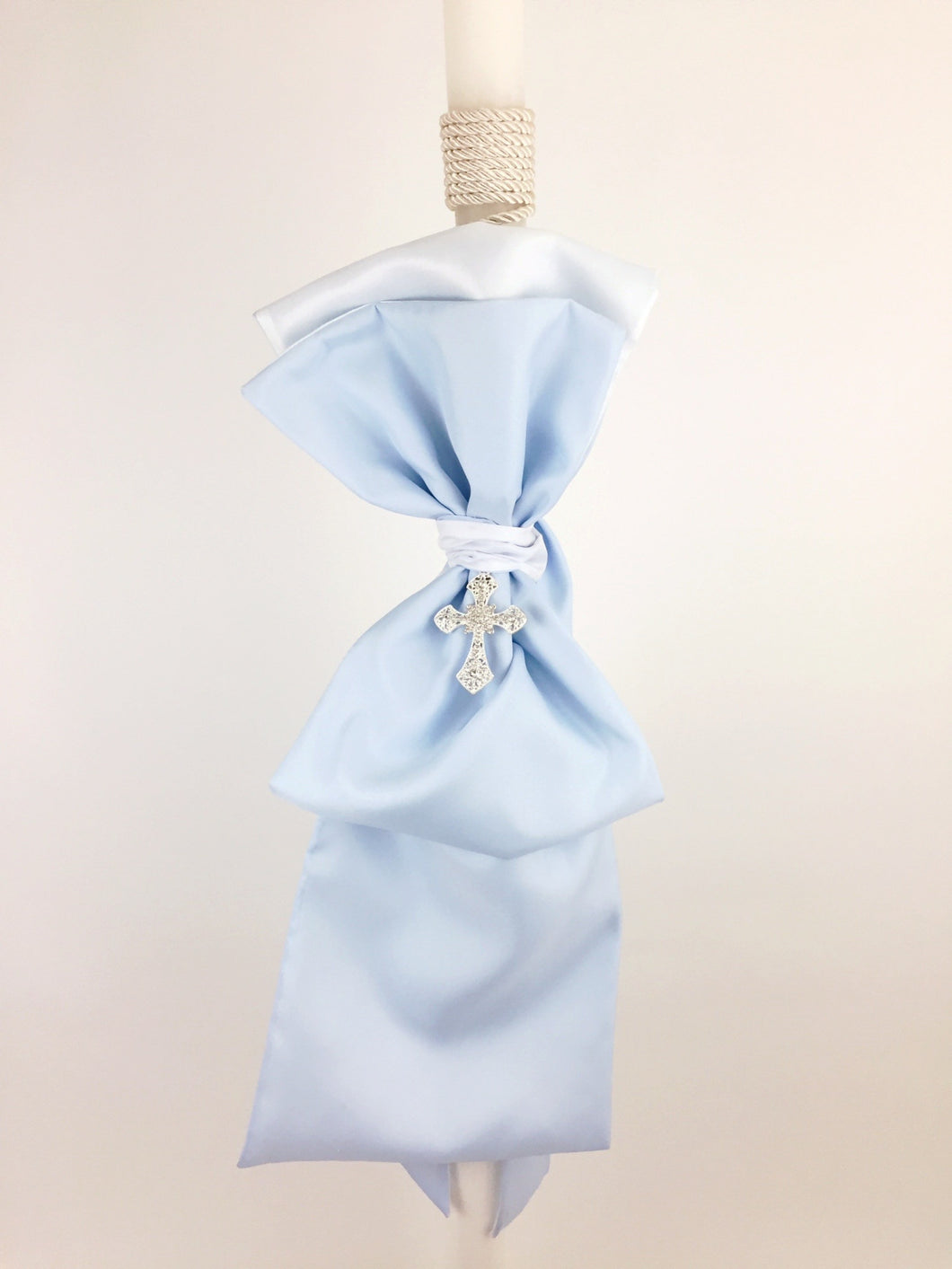 Light Blue Satin with Cross Broach Baptismal 32” Candle C23155